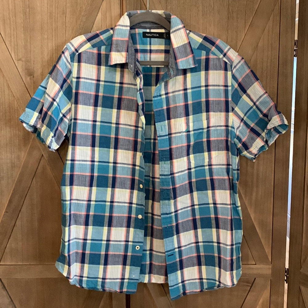 Mens Nautica Linen Blend Button Down Shirt - Plaid - Large - Picture 1 of 4